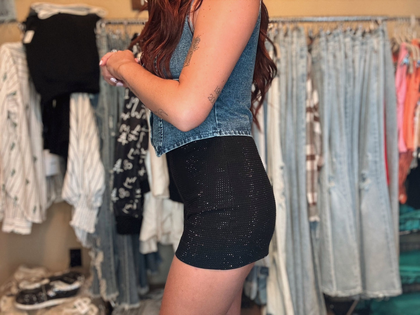 Black Rhinestone Studded Shorts