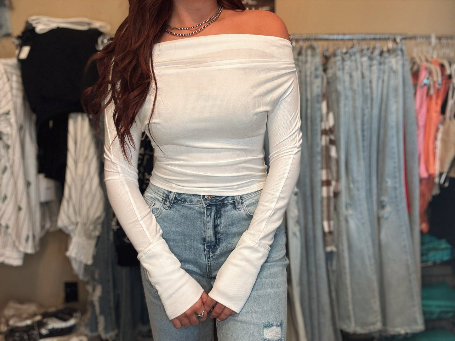 Ribbed Off the Shoulder Long Sleeve Top