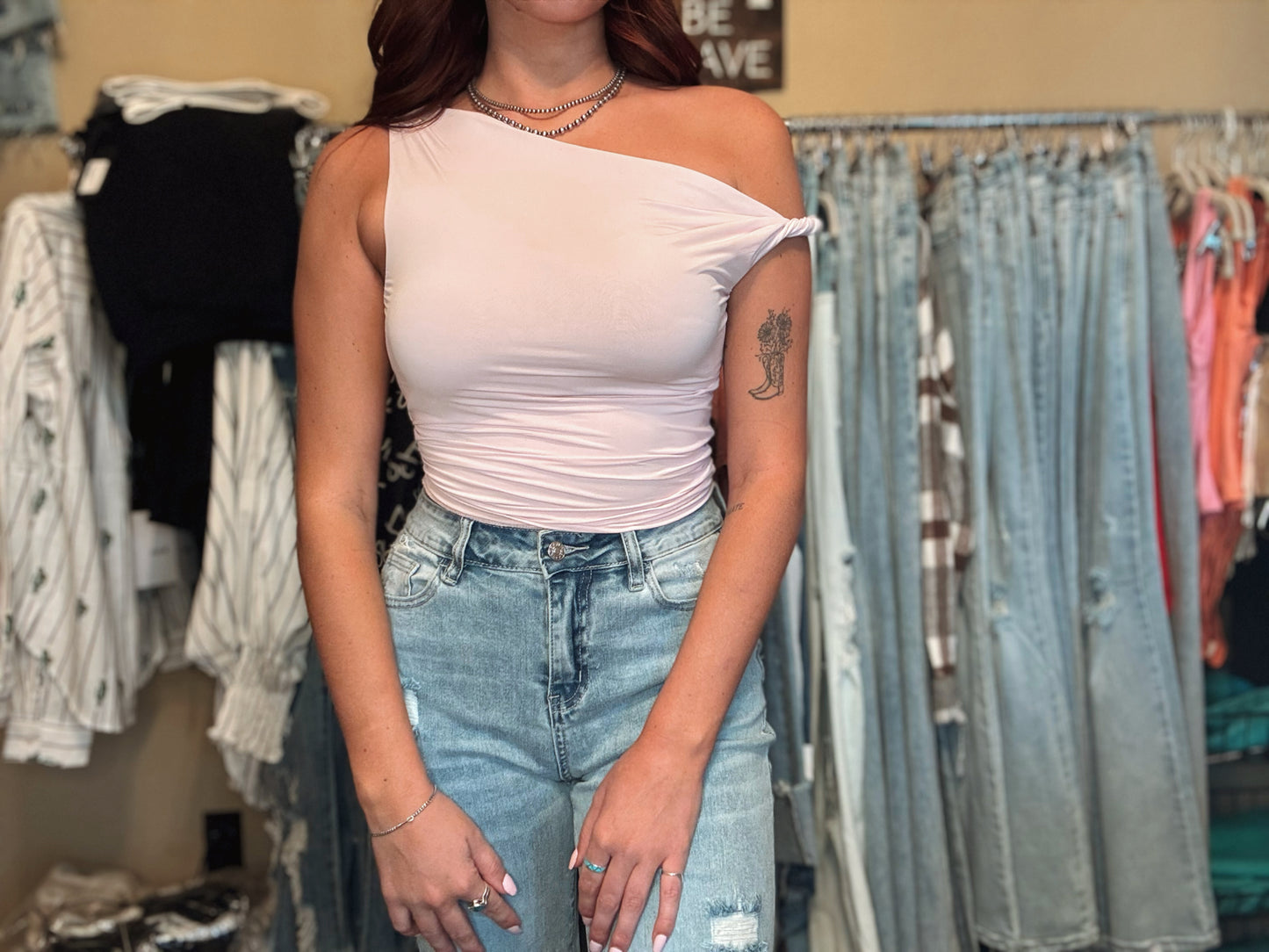 One Shoulder Twist Sleeve Top