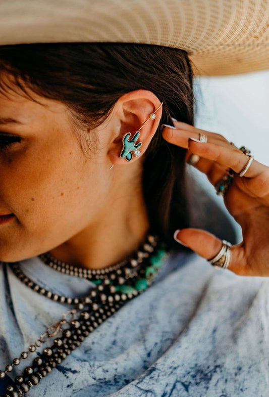 Turquoise Stone Cactus Ear Pin