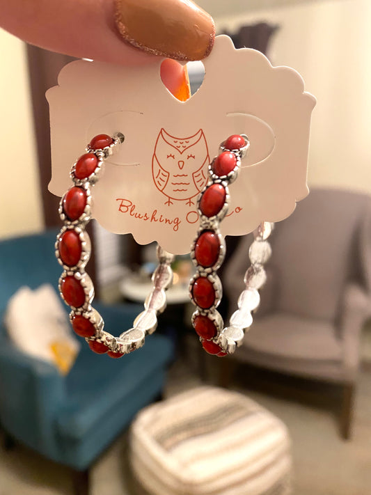 Red Turquoise Stone Hoops